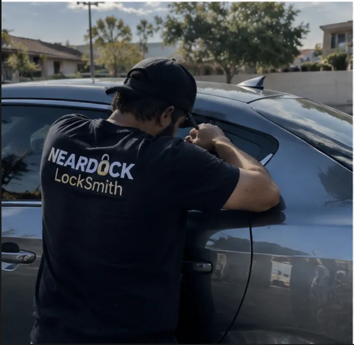 Technician carefully opening a car door during the day