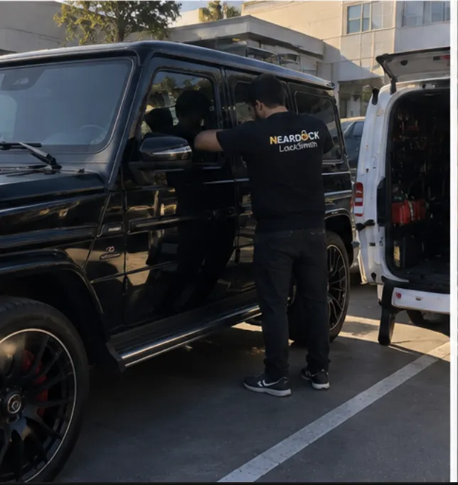 Technician helping with an SUV lockout next to the service van